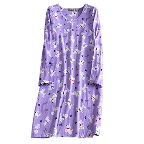 Women's Cotton Sleepwear Long Sleeves Nightgown Print Tee Sleep Dress (X-Large, Purple Dog)