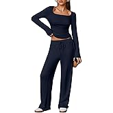 Herseas Women's 2 Piece Outfits Long Sleeve Square Neck Crop Tops Wide Leg Tracksuits Casual Lounge Set