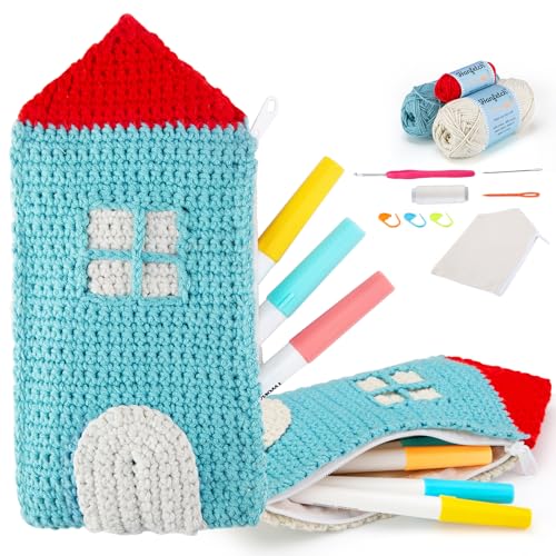 Hanfetch Crochet Kit House-Shaped Pen/Crochet Hook Case for Beginner, Step by Step Video Tutorial and Detailed Guide Instruction DIY Craft Supplies for Adult and Kid with Complete Kit.