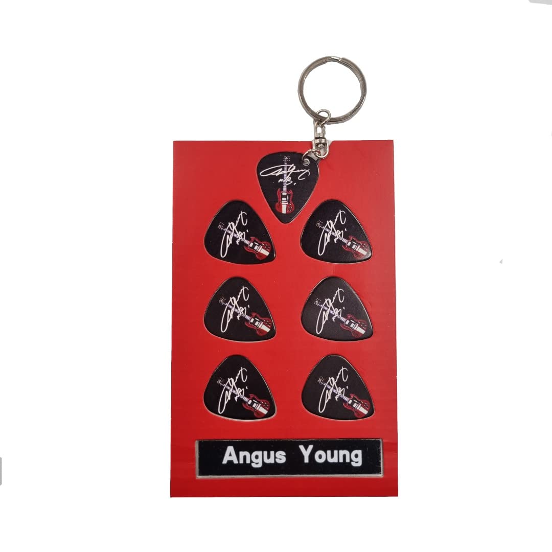 Angus Young Black Guitar Plectrum Gift Set | 6 Artist Plectrums | 1 Artist Keyring