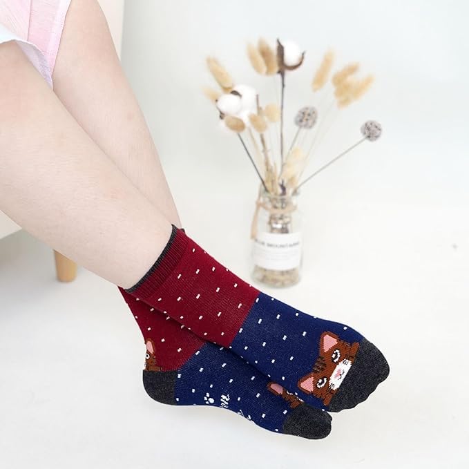 PUTUO Kinder Mädchen Socken Kindersocken: Mädchen Lustige Socken aus Baumwolle Kinder Bunt Tiere Gemustert Strümpfe größe 31-34 Zeichentrickkatze 5 Paare 6