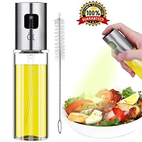 CHUANGSIxx Olive Oil Sprayer 3.4-Ounce Capacity Food-Grade Glass Bottle Vinegar Mister Dispenser for Cooking BBQ Salad Baking Roasting Grilling Frying 1, Silver AMD Transparent