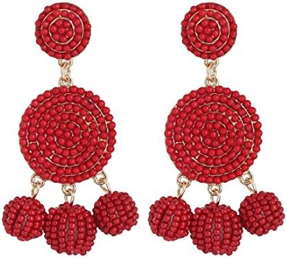 ELEARD Beaded Earrings Elegant Soriee Dangle Bead Disc Bead 3 Ball Dangle Ear Drop Bead Tassel Earrings for Women Girl (wine red)
