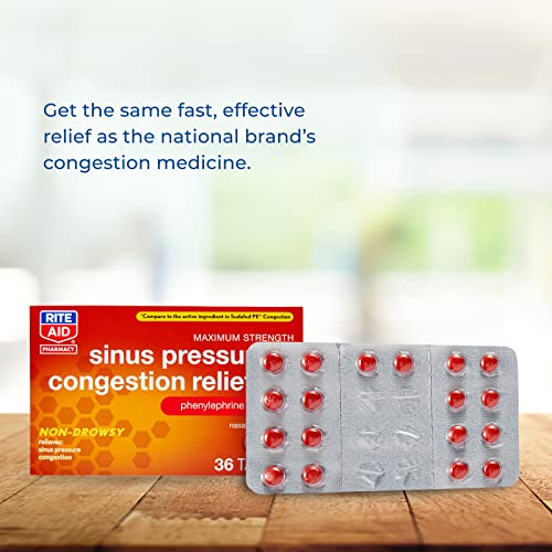 Rite Aid Sinus Pressure and Congestion NonDrowsy Relief PE, 10mg 36 Tablets Nasal