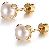 6 MM Pearl Stud Earring 1 Pair Gold Flatback Earrings Hypoallergenic Titanium Steel Screwback Jewellery for Sensitive Ears Women Ladies Helix Flat Back Jewelry Aretes De Perlas Para Mujer