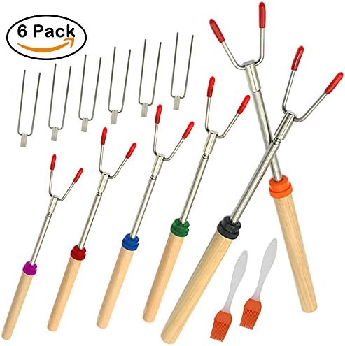 Marshmallow Roasting Sticks Extra Long, Telescoping Stainless Steel Roasting Forks, Set of 6 Hot Dog Smores Sticks Skewers, Safe Kids Outdoor Accessories for Fire Pit BBQ Campfire Camping Fireplace
