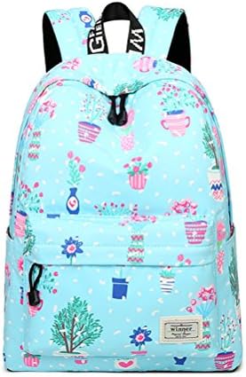 Winnerbag Casual Waterproof Fabric Women Backpack Fashion Flower Printing Large Capacity Girl Travel Knapsack Female School Bags Sky Blue 14 Inches