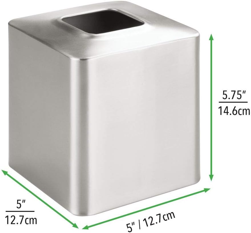 mDesign Square Paper Facial Tissue Box Cover Holder for Bathroom Vanity Countertops, Bedroom Dressers, Night Stands, Desks and Tables - Metal - Brushed: Home & Kitchen