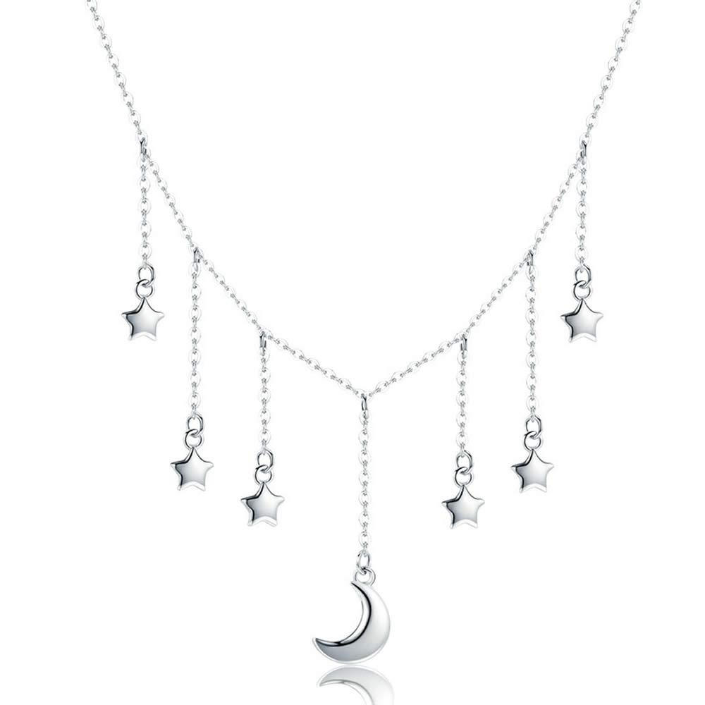 Bijoux Blu Sparkling Moon Real 925 Sterling Silver Star Chain Sparkling Moon Starry Pendant Necklaces for Women Sterling Silver Jewellery