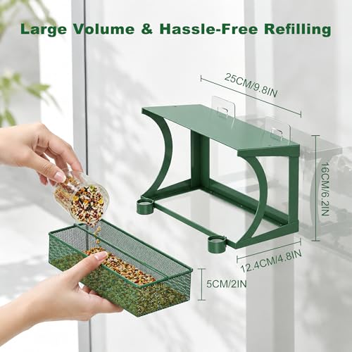 FANHAO Mangeoire Oiseaux Fenêtre 2-en-1 Métal, Extérieur sans Perçage | Plateau en Maille Métal, Toit Incliné, 2 Coupelles D’eau,Crochet Adhésif Pour Fenêtre, Jardin, Balcon et Terrasse