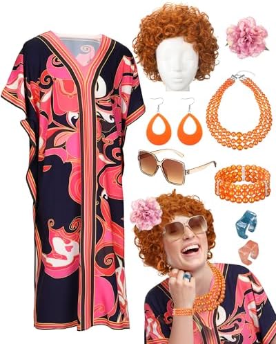 Disfraz De Abuela Para Adulto Con 12 Accesorios – Vestido Floral, Peluca, Joyas De Perlas, Gafas Y Bastón