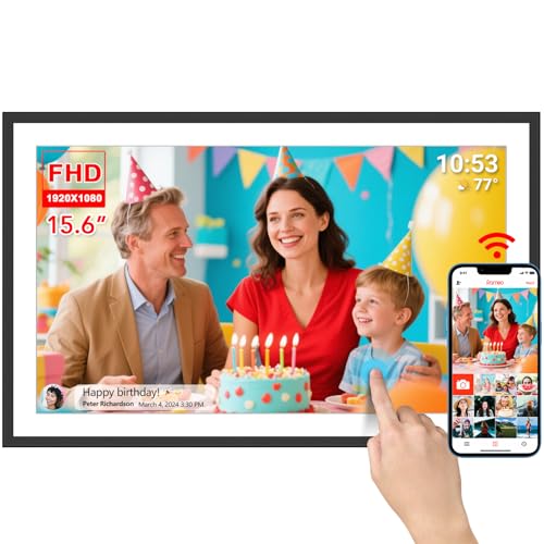 FRAMEO Digitaler Fotorahmen 15,6-Zoll extra große WiFi Digitaler Fotorahmen mit 32GB 1920 * 1080 IPS HD Touchscreen Desktop und Wandmontage Teilen von