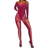 EHSUYAB Womens Sexy Full Fishnet Bodysuit, One Piece Mesh Lace Jumpsuit Body Stockings, Rave Club Poster Exotic Dancer Outfit