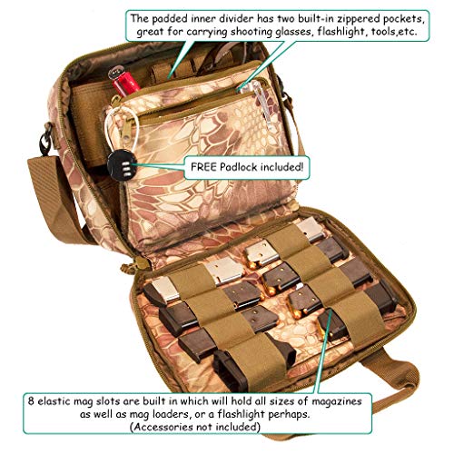 Pistol Case Range Bag for Handguns by FirstChoice Gear; 2-4 Gun Padded Tactical Handgun Soft Case, Lockable Zippers w/Padlock, 3 Mini-Holsters, 8 Mag Slots, 4 Pockets, Range Mat (Green Kryptek Camo)