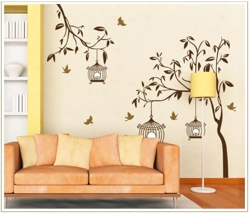 New Design A Psalm of Life Quote Tree Branch Leaves and Birdcage DIY Wall Decal Home Decor Sticker