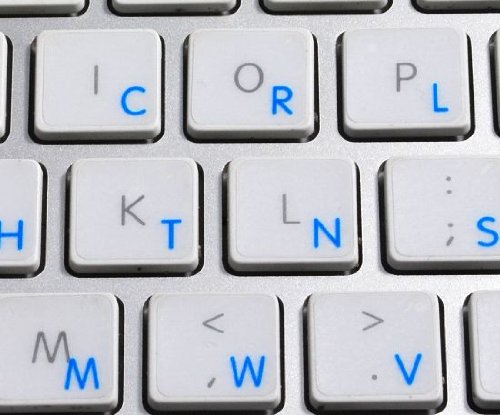 APPLE DVORAK STICKERS FOR KEYBOARD WITH BLUE LETTERING TRANSPARENT BACKGROUND FOR DESKTOP, LAPTOP AND NOTEBOOK