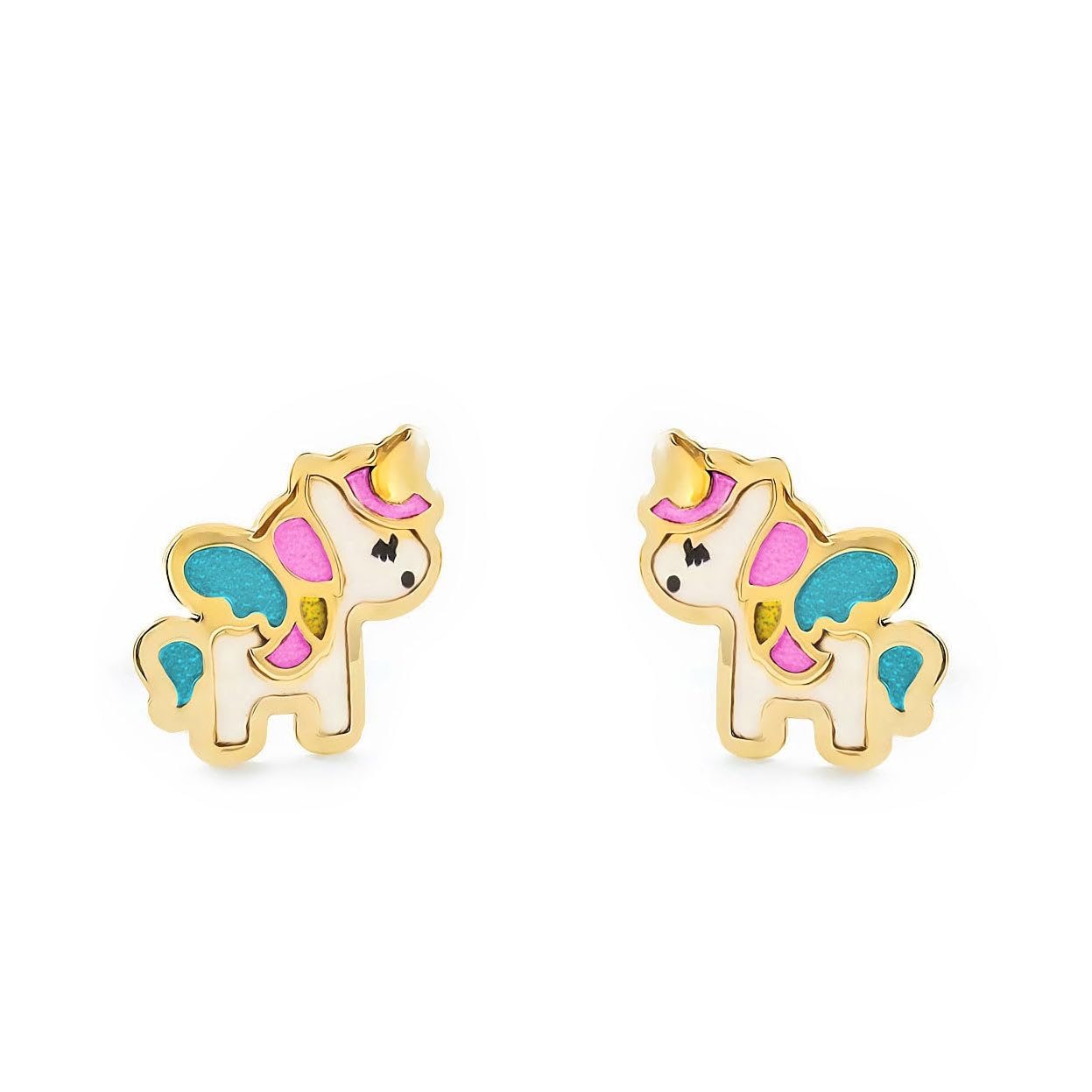 Mondepetit - 18ct Yellow Gold Multicolored enamel Unicorn Children's Girls Earrings shine