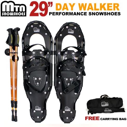 New MTN 29" Black Snowshoes + Gold Nordic Snow Hiking Pole Stick WalkerFree Bag