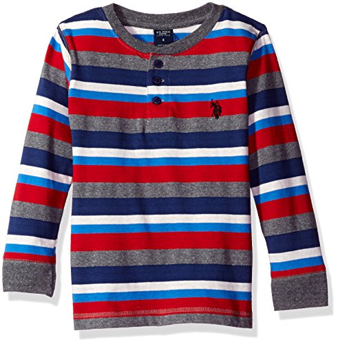 U.S. Polo Assn. Little Boys' Long Sleeve Henley Shirt, Stripe Engine Red, 5/6