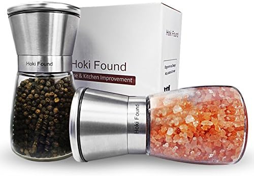 Hoki Found Thick-Glass Manual Salt and Pepper Grinder Set - Adjustable Salt and Pepper Mill (Set of 2) - Salt and Pepper Grinders - Stainless Pepper Grinder - Ergonomical Salt Grinder - Pepper Mill
