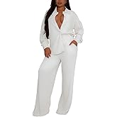 Elainone Women's 2 Piece Outfits Button-Down Shirt Long Sleeve and Flare Pleated Wide Leg Pant Sets With Pocket