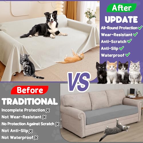 Loiion Anti Cat Sofa Covers, Sofa Protector for Cats, Waterproof Armchair Cover, 3 Seater Canapé Tapestry, Anti Cat and Pet Dog Armchair Lining, Beige Storage Cover 340 x 180 cm
