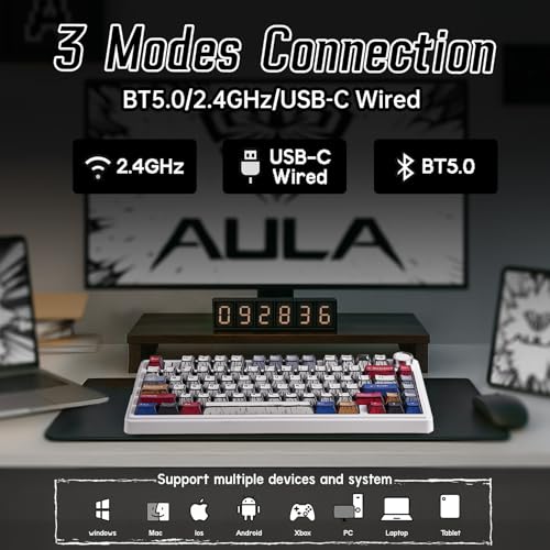 x Aula F75 Pro Wireless Mechanical Keyboard,75% Hot Swappable Custom Gaming Keyboard with Five-Layer and BT5.0/2.4GHz/USB-C Tri-Model,RGB Backlit,Side Printed PBT Keycaps (White Contour Lines)