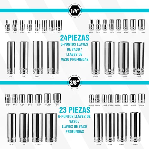 DURATECH 121 Piece Mechanics Tool Set, Socket Wrench Set, 1/4" and 3/8", 72 Tooth Ratchet Cr-V Steel, with Box, Includes Screwdriver and Bits
