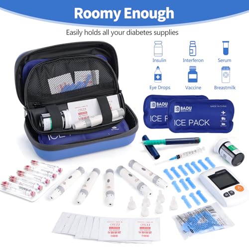 HIMDUZE Insulin Cooler Travel Case TSA Approved Refrigerated Medicine Cooler for Travel w/Thermometer Temperature Diabetic Case w/2 Reusable Ice Packs for Daily Life Trip, Blue
