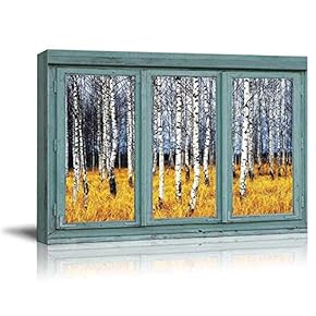 Vintage Teal Window Looking Out Into a an Aspen Tree Forest During Fall Time - Canvas Art Home Art - 24x36 inches