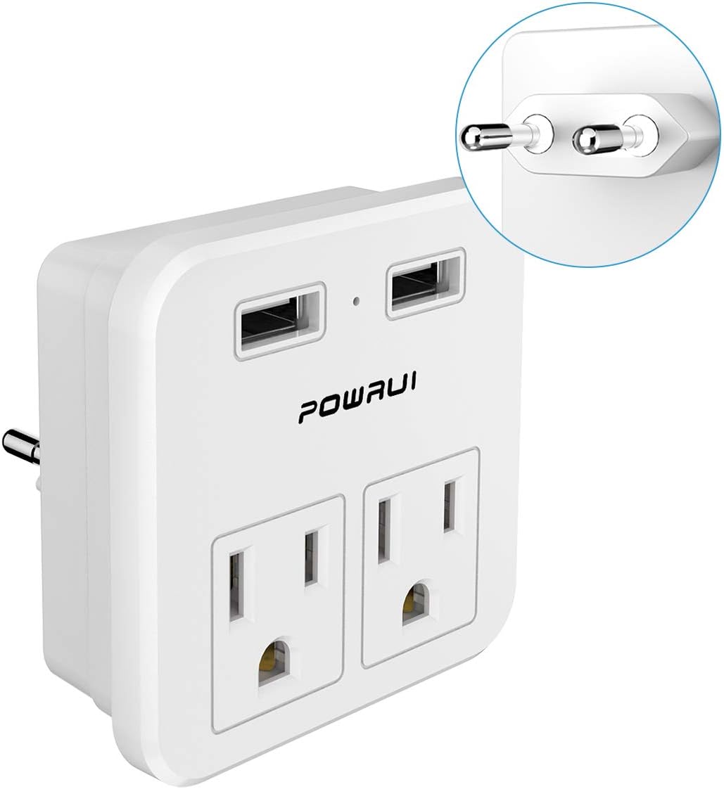 European Plug Adapter, travel adapter, POWRUI international power adapter with 2 AC Outlets and Dual USB ports for USA To Most of Europe EU Israel Brazil Italy(Type C - Most of Europe) - - 