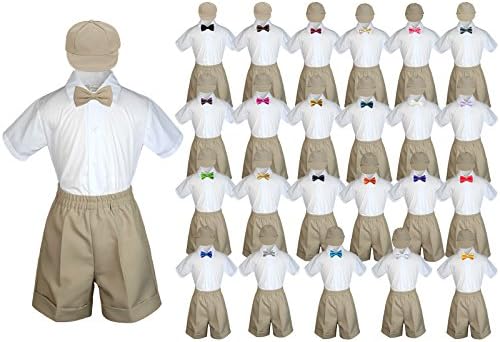 Baby Toddler Boy Wedding Party Suit KHAKI Shorts Shirt Hat Bow Tie set Sm-4T (2T, Coral)