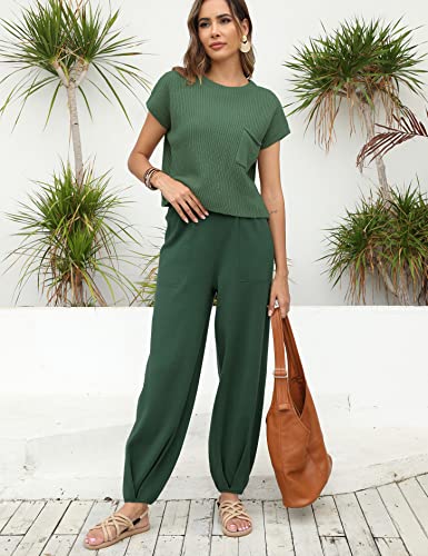 UGERLOV WOMEN’S TWO PIECE OUTFITS SWEATER SETS KNIT PULLOVER TOPS AND HIGH WAISTED PANTS LOUNGE SETS, DARK GREEN, M