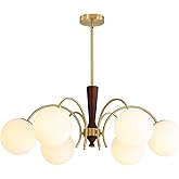 BOKT Milk Glass Ball Chandelier Modern 6-Light Sputnik Chandelier Kitchen Island Wood Sputnik Hanging Light Mid Century Brush