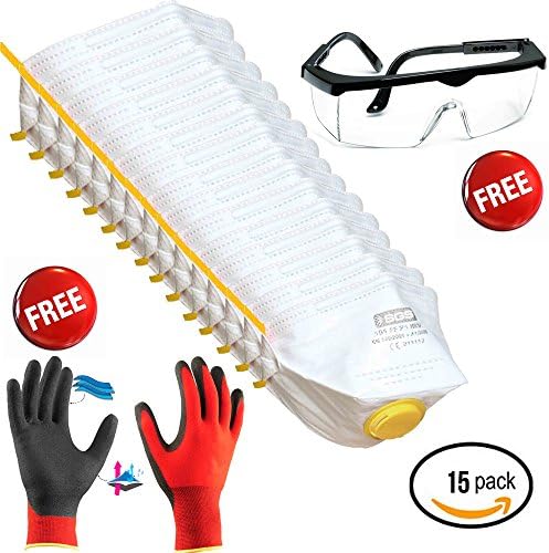 Fixer365 15 - Pack N99 Dust Masks with Exhalation Valve and Free Work Gloves and Safety Glasses - Personal Protective Equipment Set (Lightweight, Disposable, Soft, and Breathable)