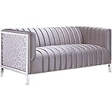 Uptown Club Haze Modern Satin Upholstered Sofa with Channel Tufting, Laser Cut Geometric Patterns & Polished Stainless Steel 