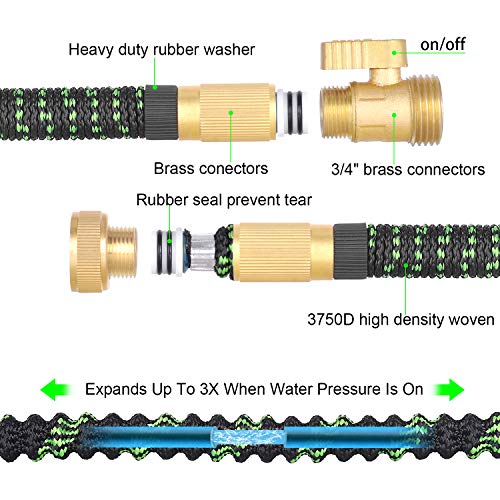 LETIME Expandable Garden Hose 100 Feet, Durable Water Hose with 9-Way Spray Nozzle and 3/4" Solid Brass Fittings, for Lawn Watering and Car Washing