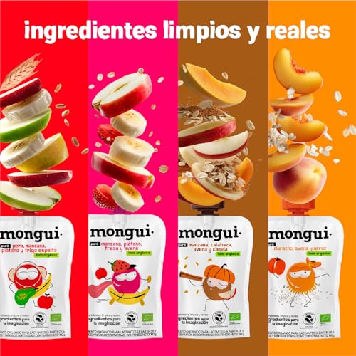 Snack orgánico para peques | Pack 16 pouches Mix Cereales 4 Recetas – Fresa, Avena, Pera, Espelta, Durazno, Arroz, Calabaza, Canela | Empresa B | MONGUI