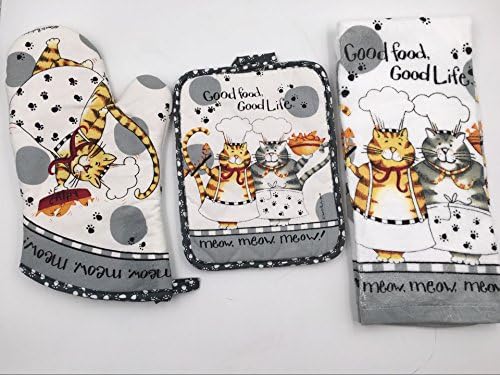 Mizlifely 3 Piece Happy Cat Kitchen Set - Terry Towels, Oven Mitt, Potholder,Oven Glove
