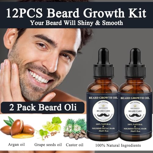 Azulmart Beard Growth Kit 12Pcs, Beard Care Beard Grooming Set Include 2Pack Beard Wash, Beard Oil, Beard Conditioner, Brush Comb, Mustache Scissors, Balm Storage Bag Gift for Boyfriend Husband Father