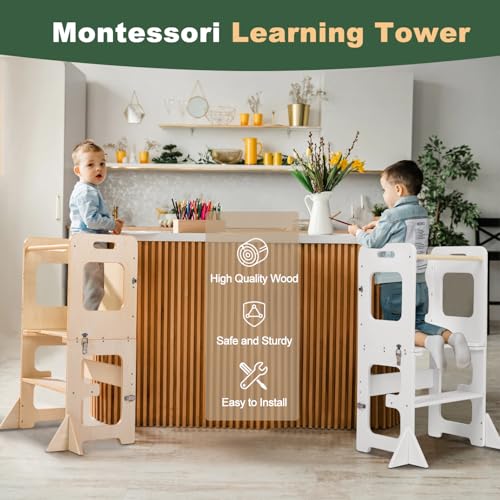 labebe Montessori Tower for Children, Folding Learning Tower, 3-in-1 Montessori Ladder with Drawing Board, Wooden Learning Tower Older Age 18 Months Children (White)