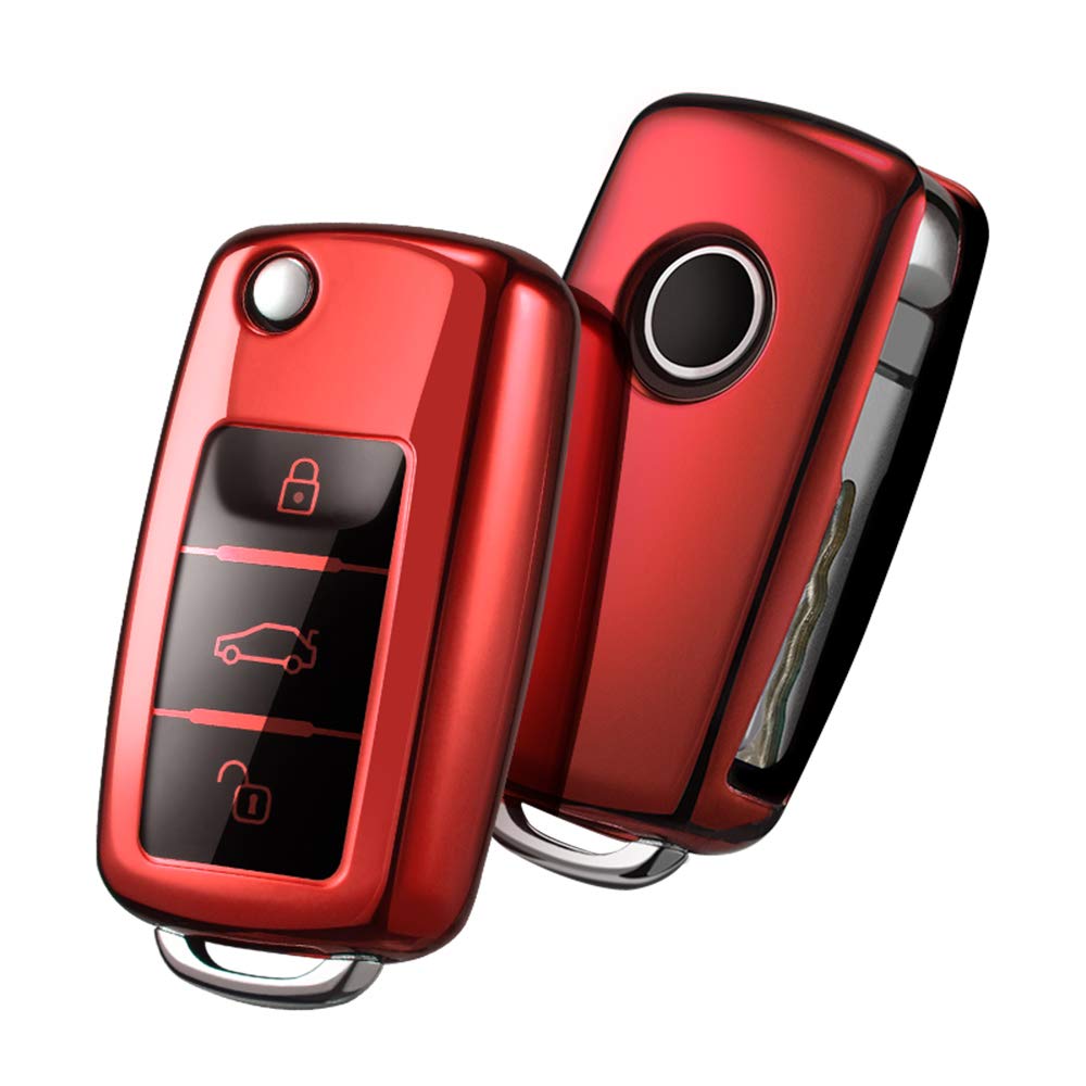 OATSBASF Car Key Cover Compatible with VW,Key Protective Case for VW Golf 4 5 6 Polo Skoda Seat TPU Silicone 3 Buttons Box (Red)