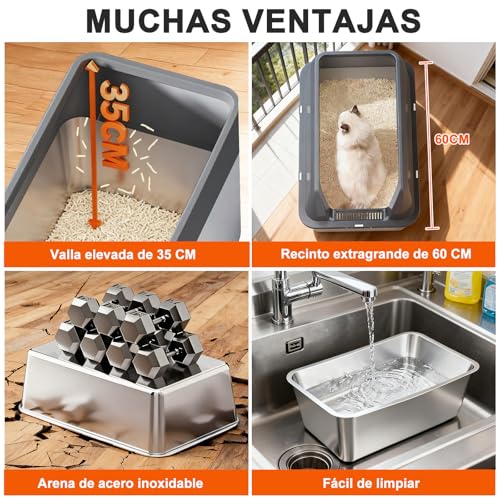 ROWIDE Arenero para Gato de Acero Inoxidable XL, Bordes Altos Antifugas con 5 Accesorios: Pala, Alfombrilla, Pegatinas, Cepillo y Bolsas. FáCil de Limpiar, No Se Pega, Apto para Gatos Grandes