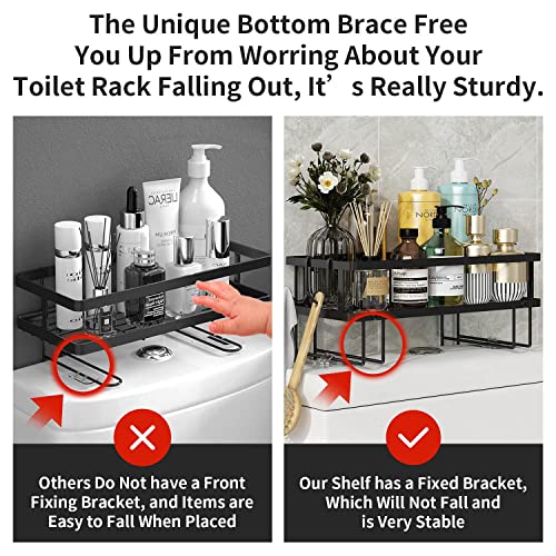 Bathroom Organizer Over The Toilet Storage Shelf, Iron Restroom Organizers with Hanging Hook & Adhesive Base, No Drilling Space Saver with Wall Mounting Design (Black)