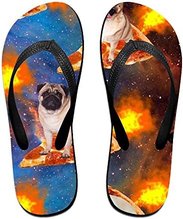 Stylish Lightweight Women's Men's Personalized Beach Flip Flops Pugs In Space Riding Pizza Beach Slippers
