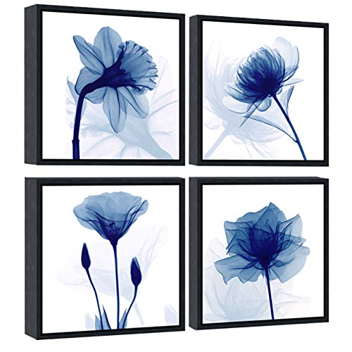 Wieco Art Black Framed 4 Panels Blue Flickering Flower Modern Canvas Wall Art Grace Floral Pictures on Canvas Prints for Bedroom Office Home Decorations