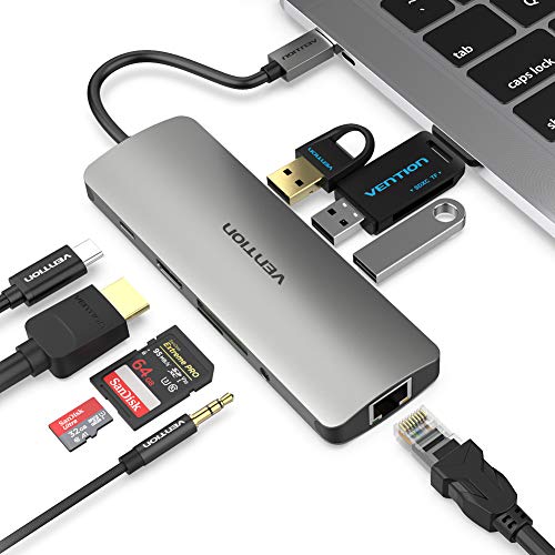 Vention USB C Hub,9 in 1 Type C Thunderbolt 3 Hub,4K USB C to HDMI Adapter with Type C Charging Port,1000M RJ45 Ethernet,3 USB 3.0 Ports,SD Card Reader Compatible for MacBook Pro,Chromebook Pixel