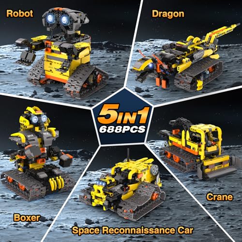 Technic Robot Building Sets, 688PCS 5-IN-1 RC Robot and Car, Remote and App Controlled Building Kit, Rechargeable RC Building Block, Engineering Kits Toys Gifts for Teen Boys Age 8-12 13 14 15+