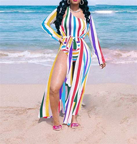 LROSEY Women Casual Two Pieces Bikini Set One Shoulder Bodysuits Cut Out Bottoms Cover Up Swimsuit Plus Size Rainbow