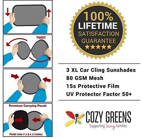 COZY GREENS Car Window Shade (3 Pack) - 21"x14" Sun Shade for Car Windows -80 GSM with 15s Film - for Baby - UV Protection in Vehicles Side Windows